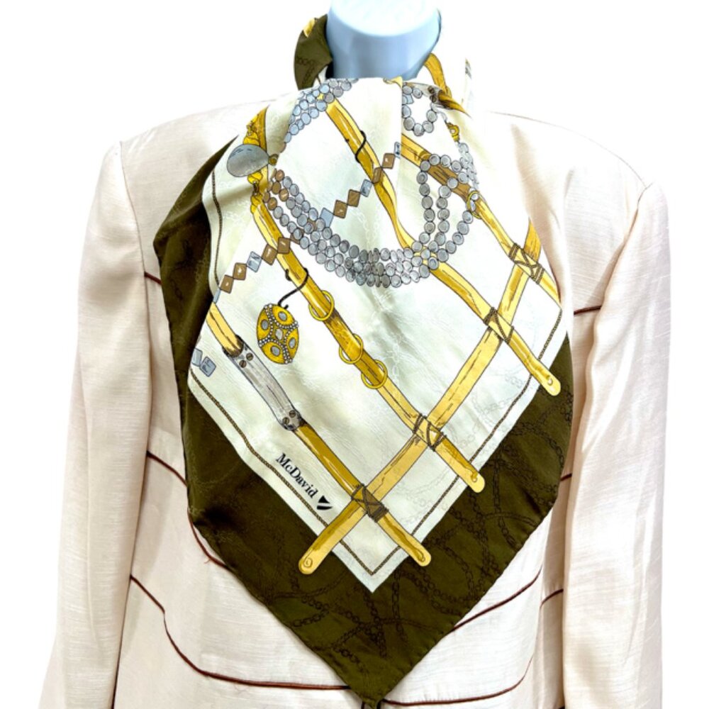 Antique McDavid Haute Joaillerie 100% Silk Scarf Satin 34" Ivery olive Gold(22